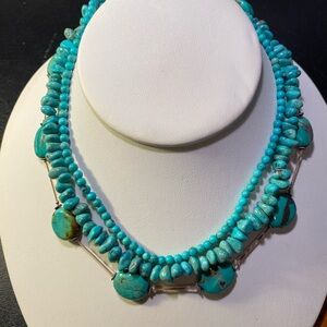 Vintage 3 Rows Turquoise Sterling Silver Southwestern Strand Necklace